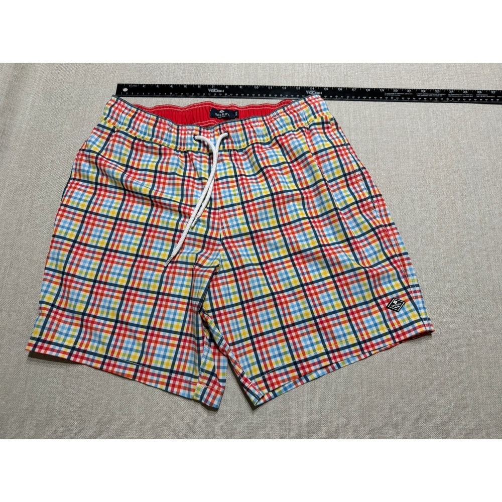 Sperry Men's Medium Stretch Lined Swim Trunks Shorts Blue Red Yellow plaid